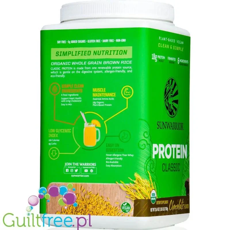 Sunwarrior Protein Classic Chocolate 0,75KG - organiczna wegańska odżywka białkowa ze stewią