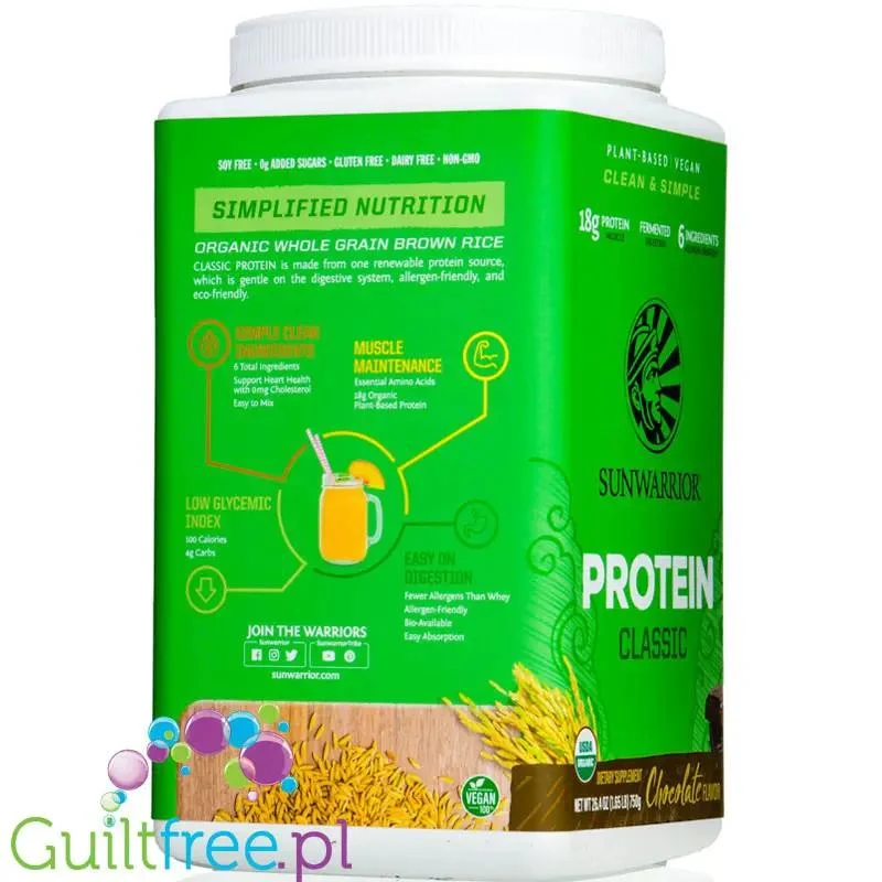 Sunwarrior Protein Classic Chocolate 0,75KG - organiczna wegańska odżywka białkowa ze stewią