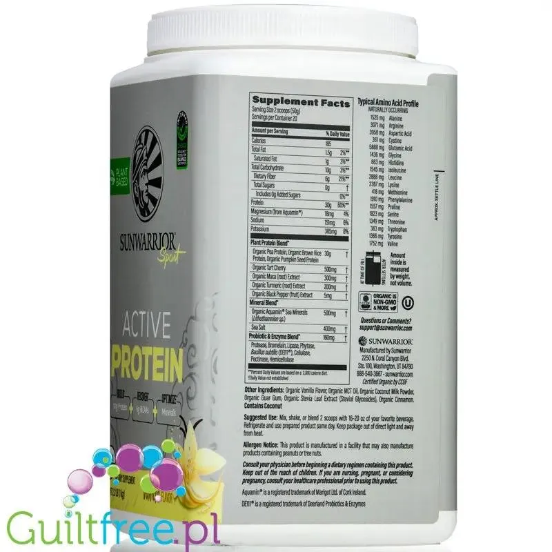 Sunwarrior Active Protein Organic Vanilla 1KG - organiczna wegańska odżywka białkowa ze stewią