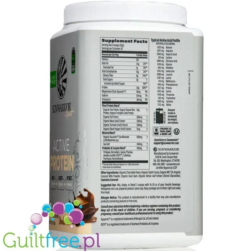 Sunwarrior Active Protein Organic Chocolate 1kg - organiczna wegańska odżywka białkowa ze stewią