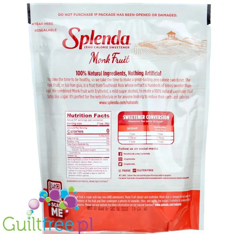 Splenda Naturals Naturals Monk Fruit - naturalny keto słodzik zero kcal, substytut cukru 1:1
