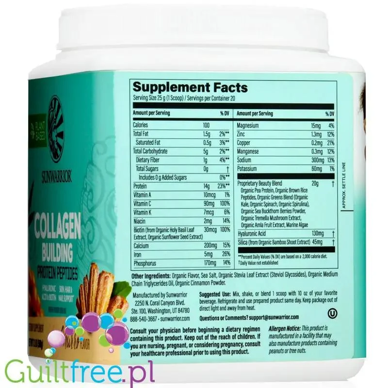 Sunwarrior Collagen Building Peptides, Churro - wegańska odżywka białkowa stymulująca wytwarzanie kolagenu