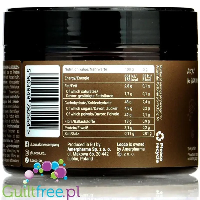 Locco Chocolate Hazelnut Spread 150kcal - niskotłuszczowy krem do smarowania bez cukru, Czekolada & Orzech Laskowy
