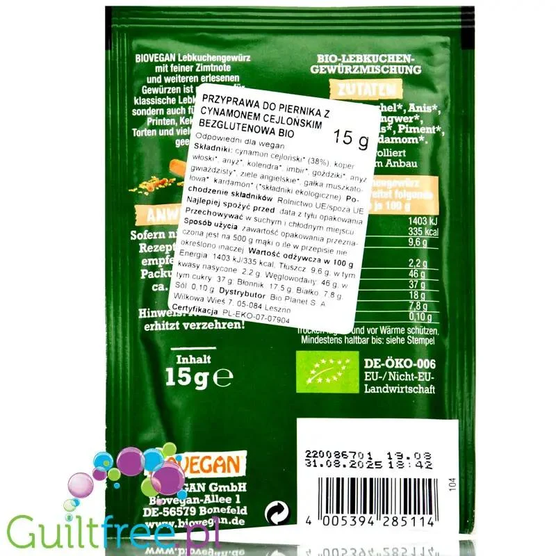 Biovegan Lebkuchen Gewürz - bezglutenowa BIO przyprawa do piernika bez cukru