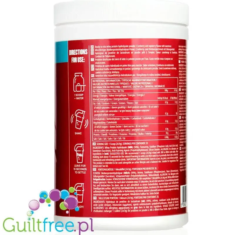 MyProtein Clear Whey Isolate Cranberry & Raspberry - hydrolizat smakowy, odżywka 20g białka w 90kcal, Żurawina & Malina