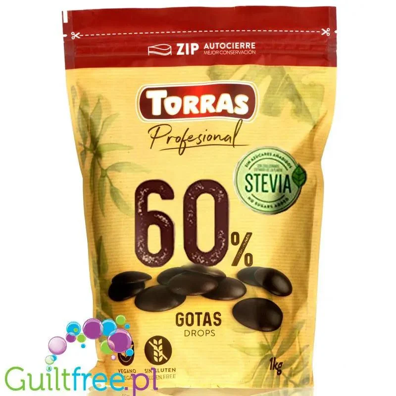 Torras Profesional Choco Drops ze Stevią 60% 1KG - kropelki wegańskiej gorzkiej czekolady bez dodatku cukru