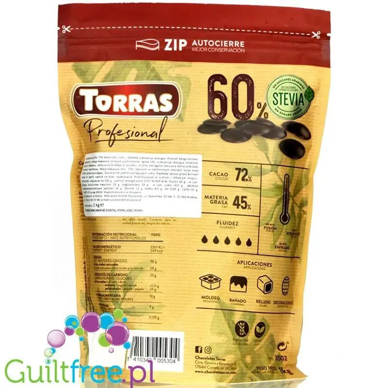 Torras Profesional Choco Drops ze Stevią 60% 1KG - kropelki wegańskiej gorzkiej czekolady bez dodatku cukru