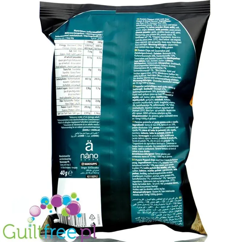 Nano Ä Protein Chips Sour Cream & Onion - chipsy proteinowe bez soi, Śmietankowo-Cebulowo-Serowe