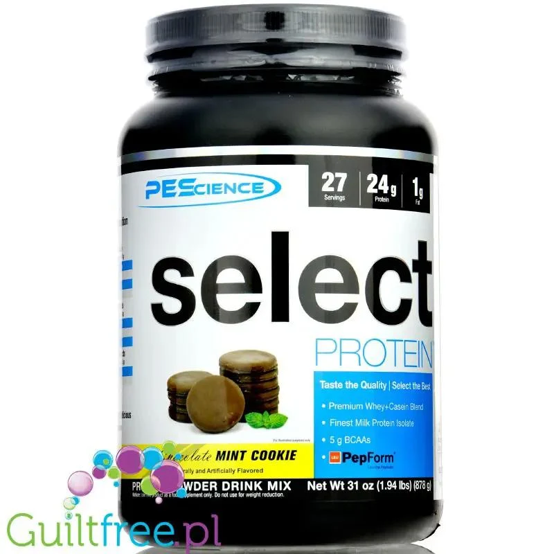 PEScience Select Protein Chocolate Mint Cookie 0,87KG - odżywka białkowa 24g białka w 120kcal, kazeina & izolat
