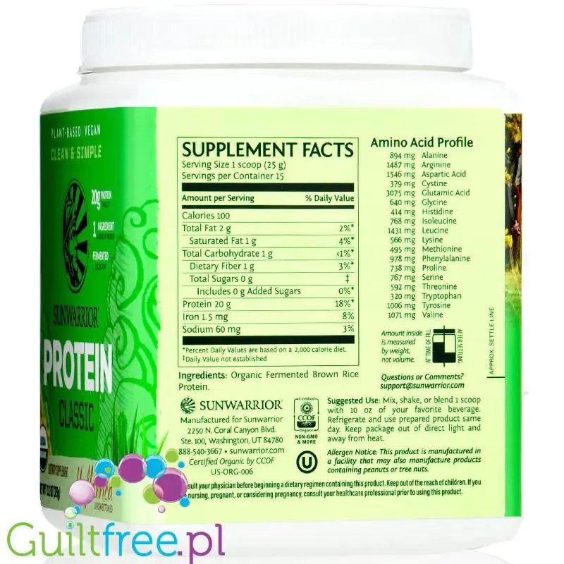 Sunwarrior Protein Classic Unflavored 0,37KG - organiczna wegańska odżywka białkowa bez cukru i słodzików