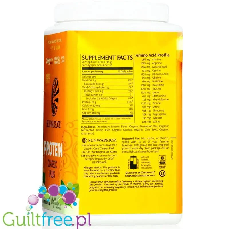 Sunwarrior Protein Classic Plus, Natural 0,75KG - organiczna wegańska odżywka białkowa bez słodzików