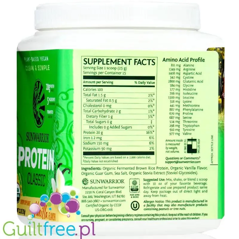 Sunwarrior Protein Classic Vanilla 0,37KG - organiczna wegańska odżywka białkowa ze stewią