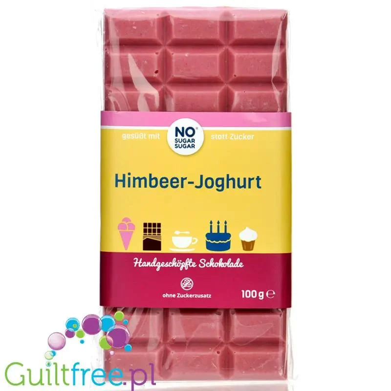 NO SUGAR SUGAR Schokolade Himbeer-Joghurt - rzemieślnicza czekolada bez cukru z erytrolem, Biała z Malinami