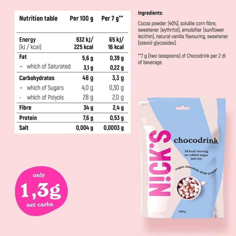 N!CK'S Nicks Chocodrink 16kcal - wegańska czekolada do picia bez cukru ze stewią i erytrolem