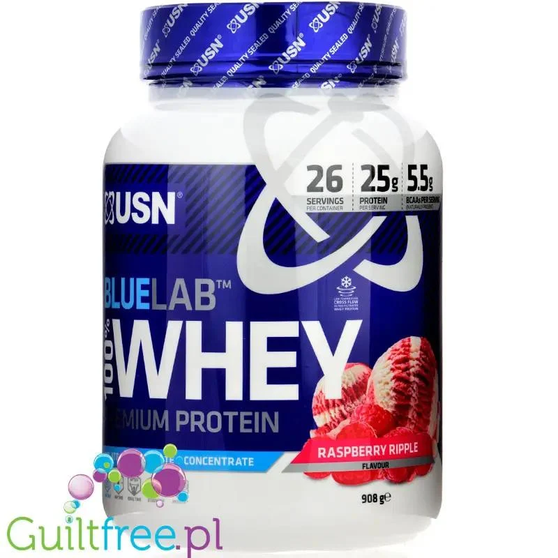 USN Blue Lab Whey Raspberry Ripple 0,9kg - odzywka białkowa WPI, WPC, WPH z Tolerase L