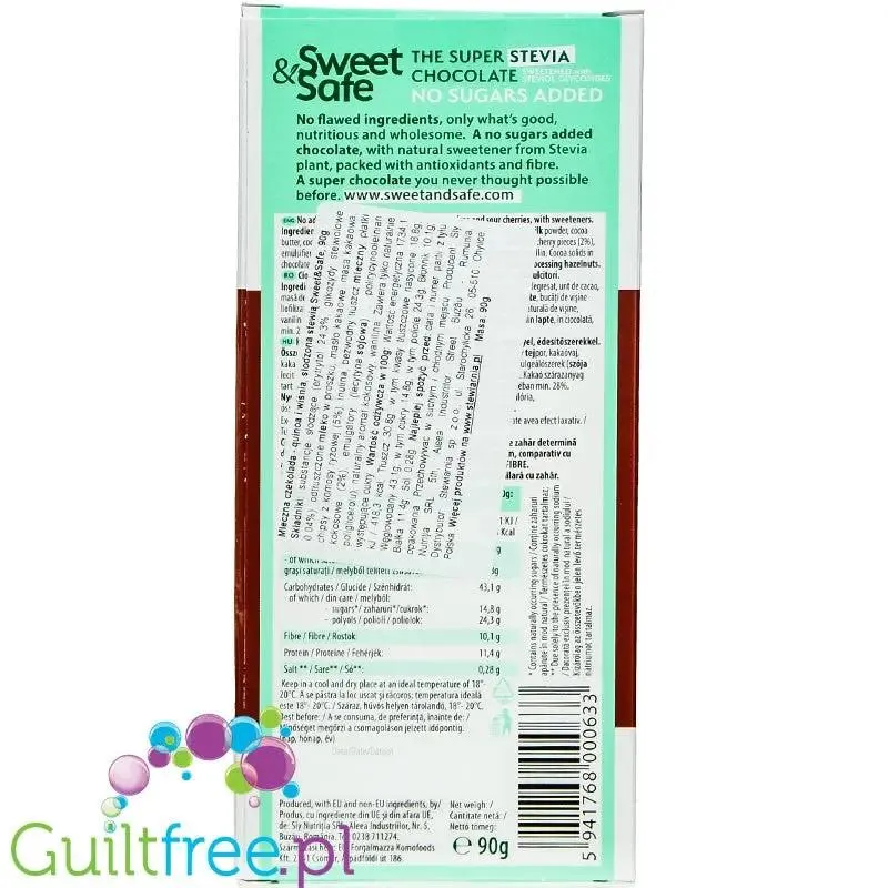 Sweet & Safe Stevia Milk Chocolate, Quinoa & Sour Cherry - mleczna czekolada ze stewią 23% mniej kcal, Wiśnie & Quinoa
