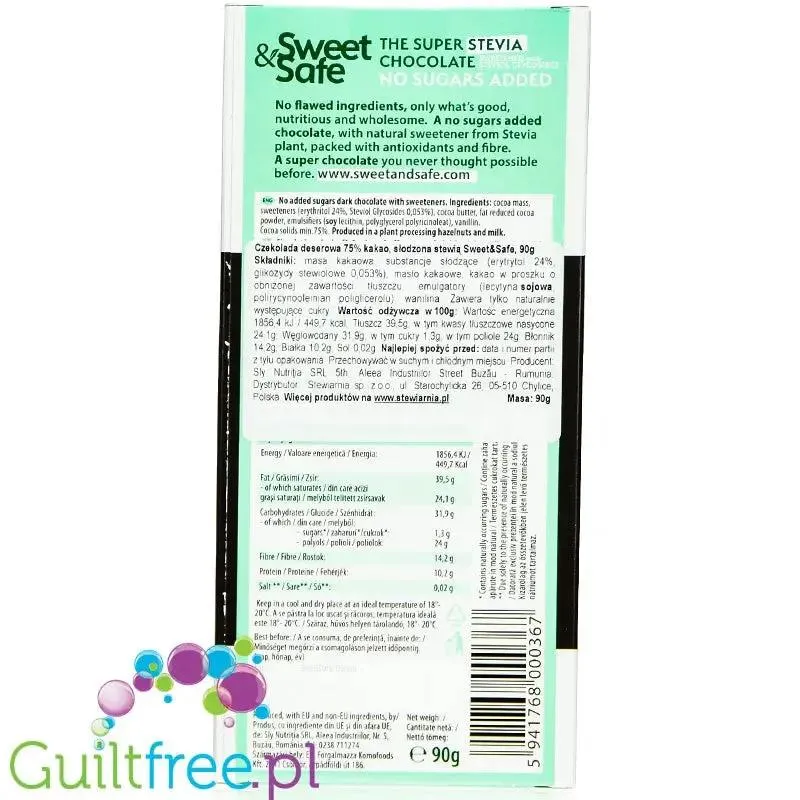 Sweet & Safe Super Stevia Dark Chocolate - ciemna czekolada bez cukru ze stewią 75% kakao