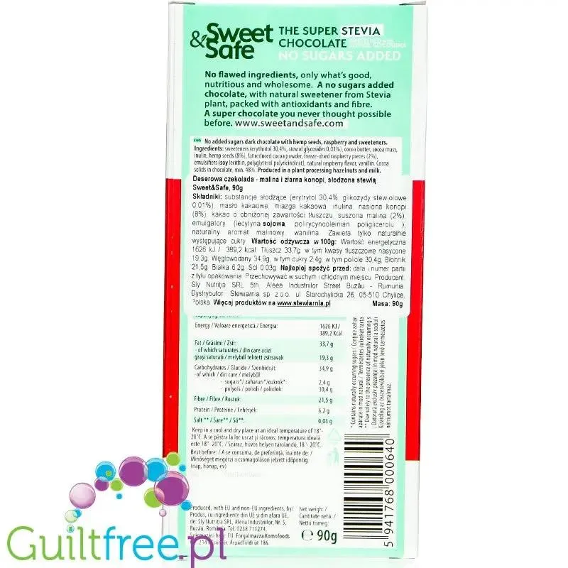 Sweet & Safe Stevia Dark Chocolate, Hemp & Raspberry - deserowa czekolada bez cukru, 31% mniej kcal, Maliny & Konopie