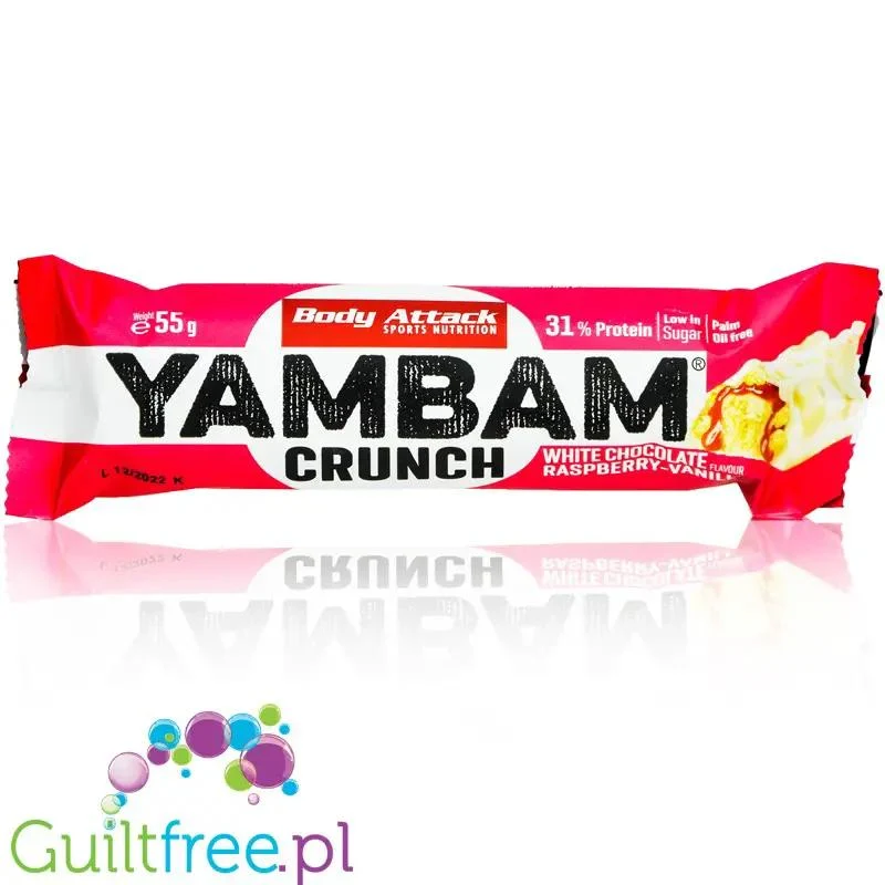 YamBam Crunch White Chocolate Raspberry-Vanilla - baton białkowy 31% białka, Biała Czekolada, Maliny & Wanilia