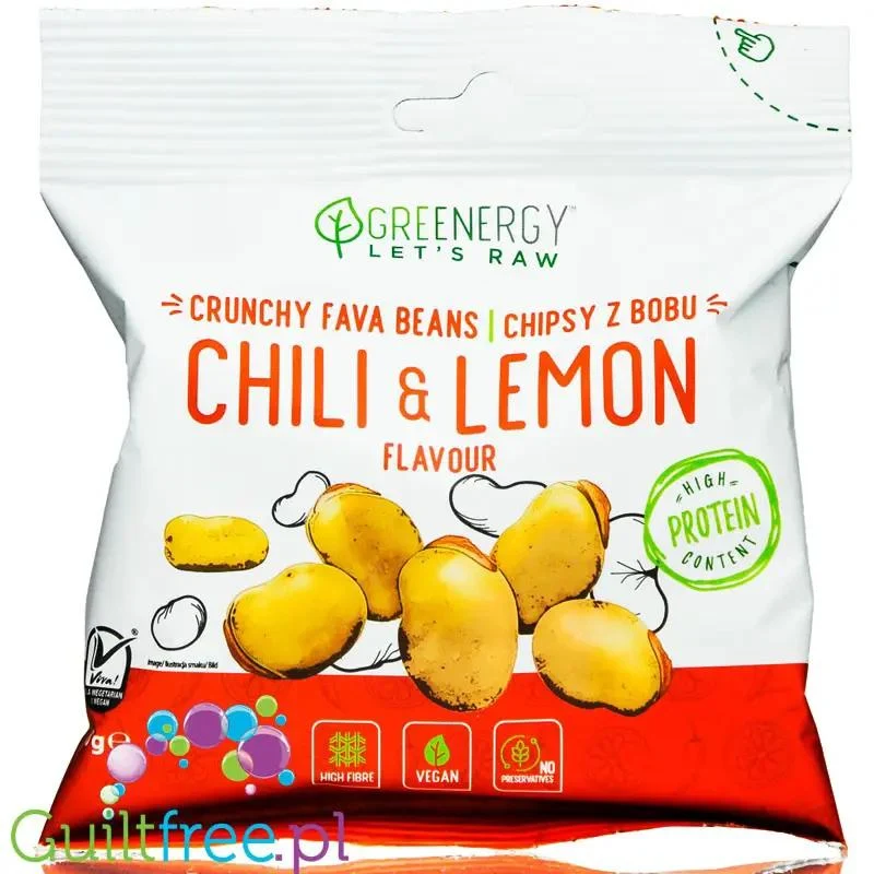 Greenergy Fava Beans Chili & Lemon - chrupki z bobu o smaku Chilli z Cytryną, 17g błonnika & 23g białka