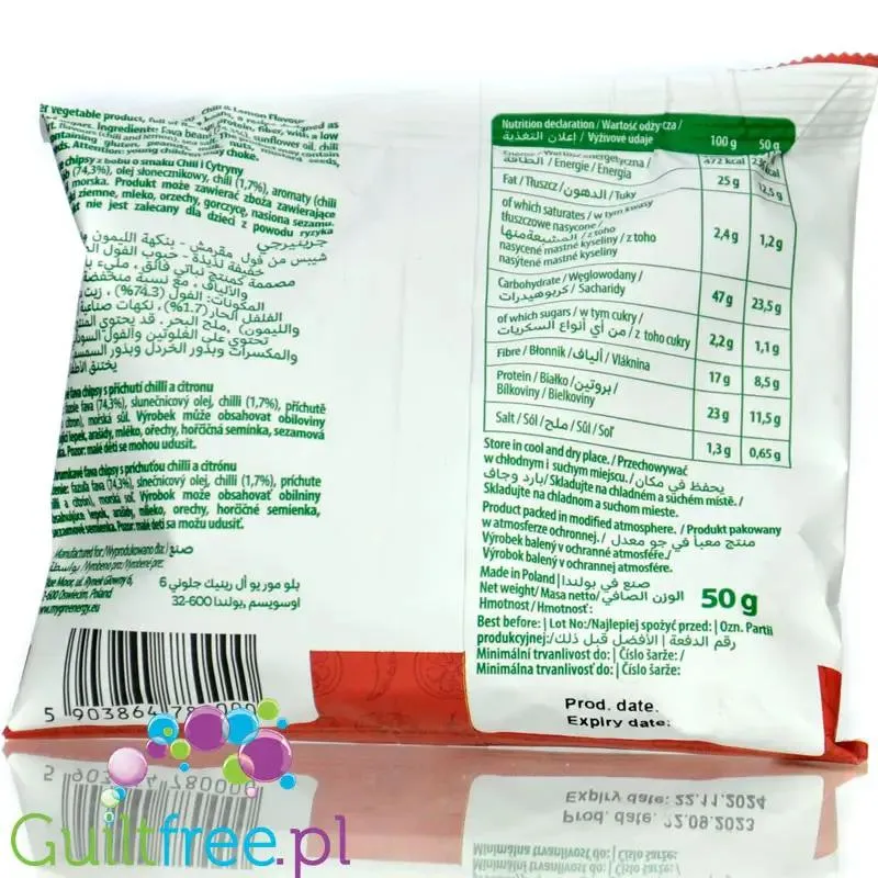 Greenergy Fava Beans Chili & Lemon - chrupki z bobu o smaku Chilli z Cytryną, 17g błonnika & 23g białka