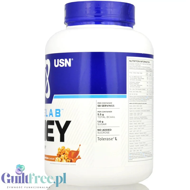 USN Blue Lab Whey Caramel Popcorn 2kg - odzywka białkowa WPI, WPC, WPH z Tolerase L