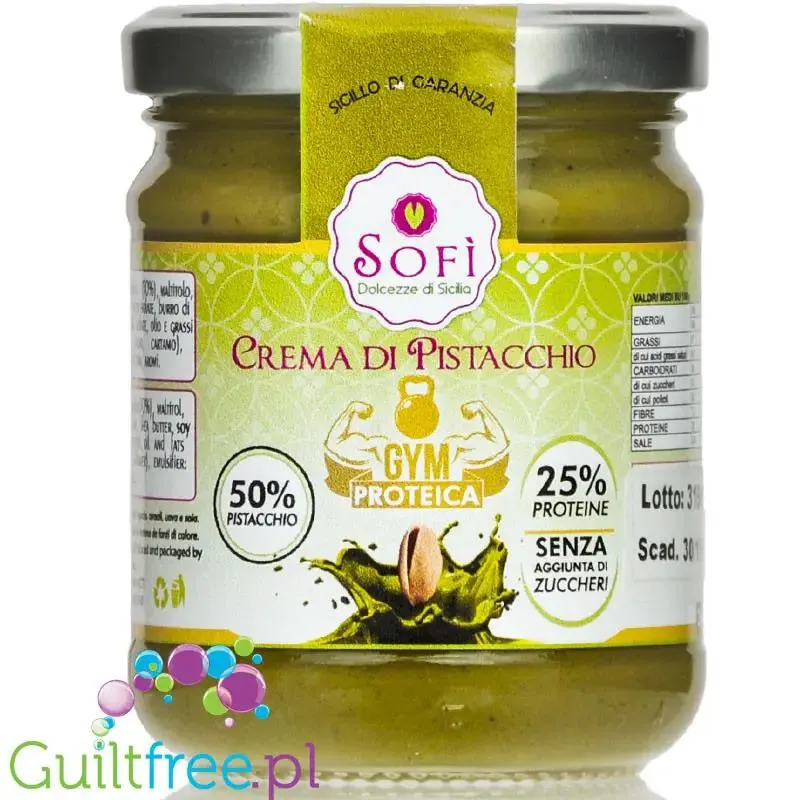 SoFi Gym Proteica Crema di Pistacchio - sycylijski krem pistacjowy bez cukru i maltitolu, 50% pistacji z białkiem WPI
