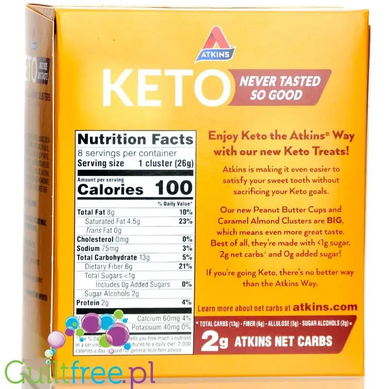 Atkins KETO Caramel Almond Clusters box 8pak- keto czekoladki bez cukru z karmelem i migdałami