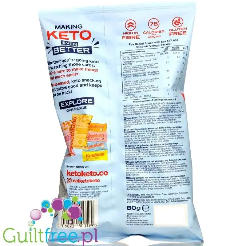 KetoKeto Crunch Puffs Sea Salt & Balsamic Vinegar - wegańskie keto chrupki 39% białka, Sól & Winegret
