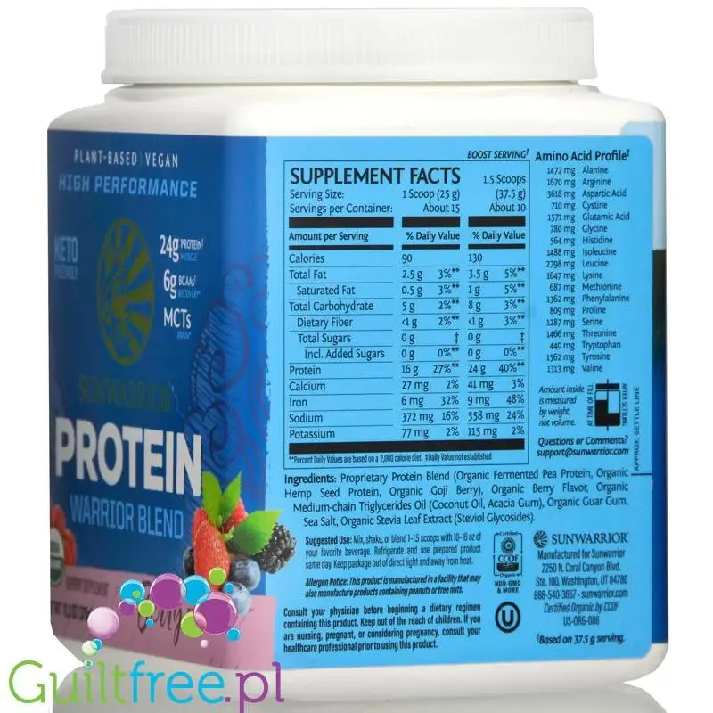Sunwarrior Protein Warrior Blend, Berry 0,375kg - wegańska organiczna odżywka białkowa z goji i MCT
