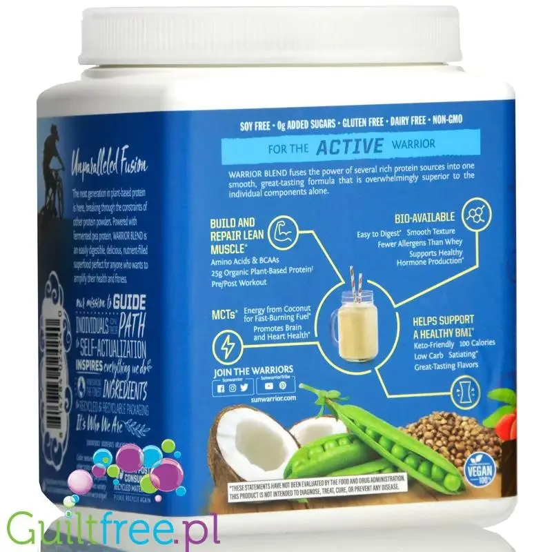 Sunwarrior Protein Warrior Blend, Chocolate 0,375kg - wegańska organiczna odżywka białkowa z goji i MCT