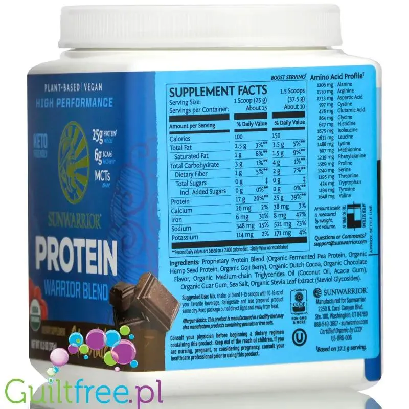Sunwarrior Protein Warrior Blend, Chocolate 0,375kg - wegańska organiczna odżywka białkowa z goji i MCT
