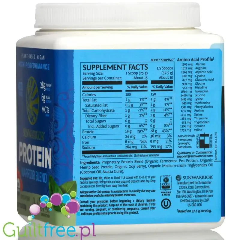 Sunwarrior Protein Warrior Blend, Natural 0,375kg - wegańska organiczna odżywka białkowa z goji i MCT