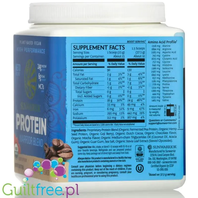 Sunwarrior Protein Warrior Blend 0,375kg, Mocha - wegańska organiczna odżywka białkowa z goji i MCT