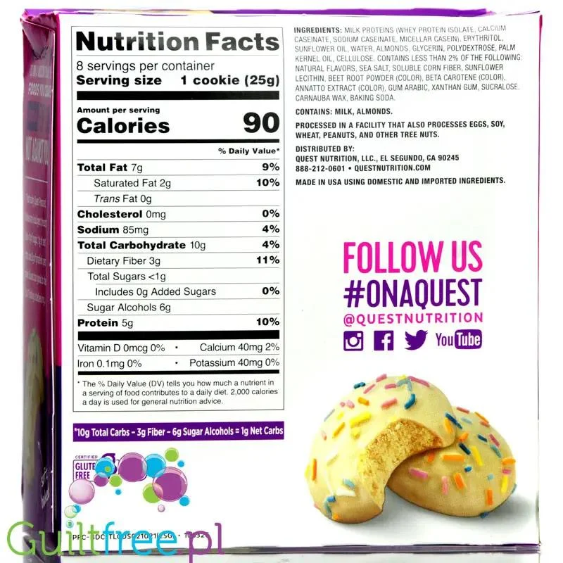 Quest Frosted Cookies, Birthday Cake - miękkie keto ciastka w polewie, BOX 8 SZT