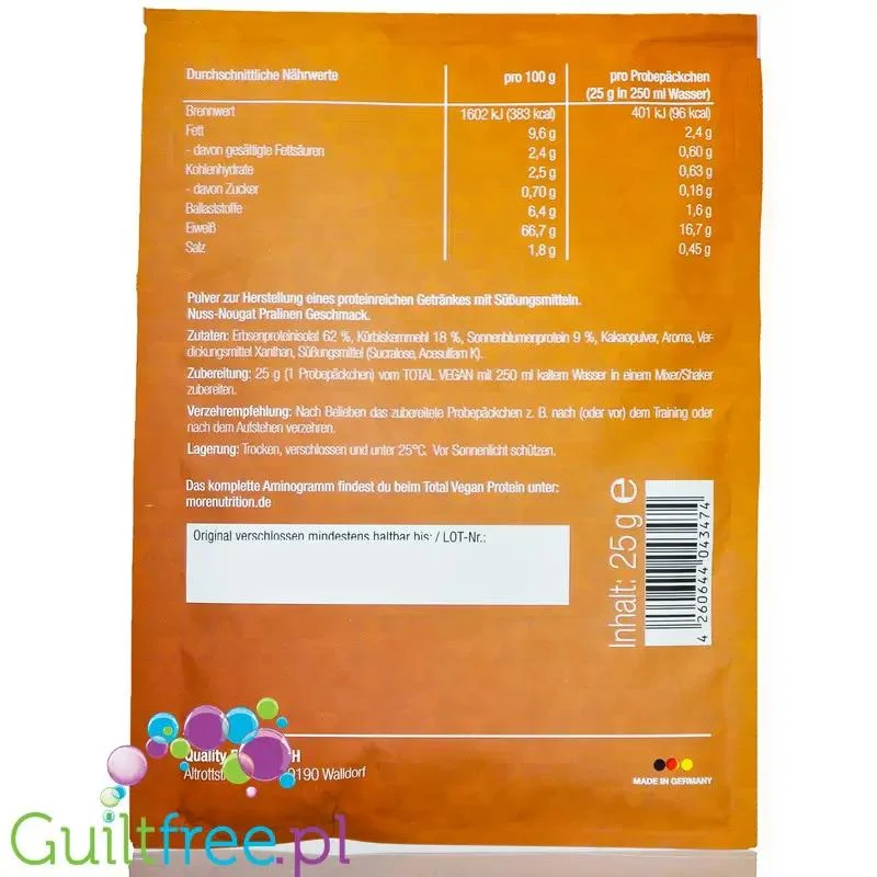 More Nutrition Total Vegan Protein Hazelnut Nougat Praliné - wegańska odżywka na białku grochu, dyni i słonecznikowym