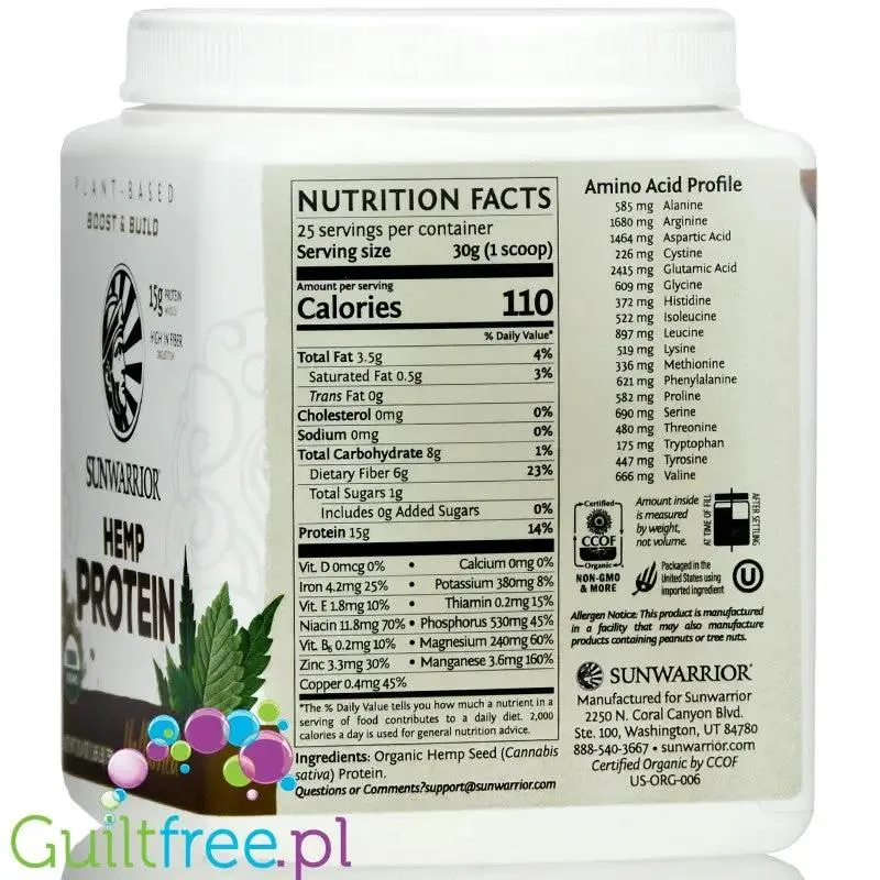 Sunwarrior Hemp Protein - wegańskie organiczne białko konopne 100% bez słodzików i aromatów