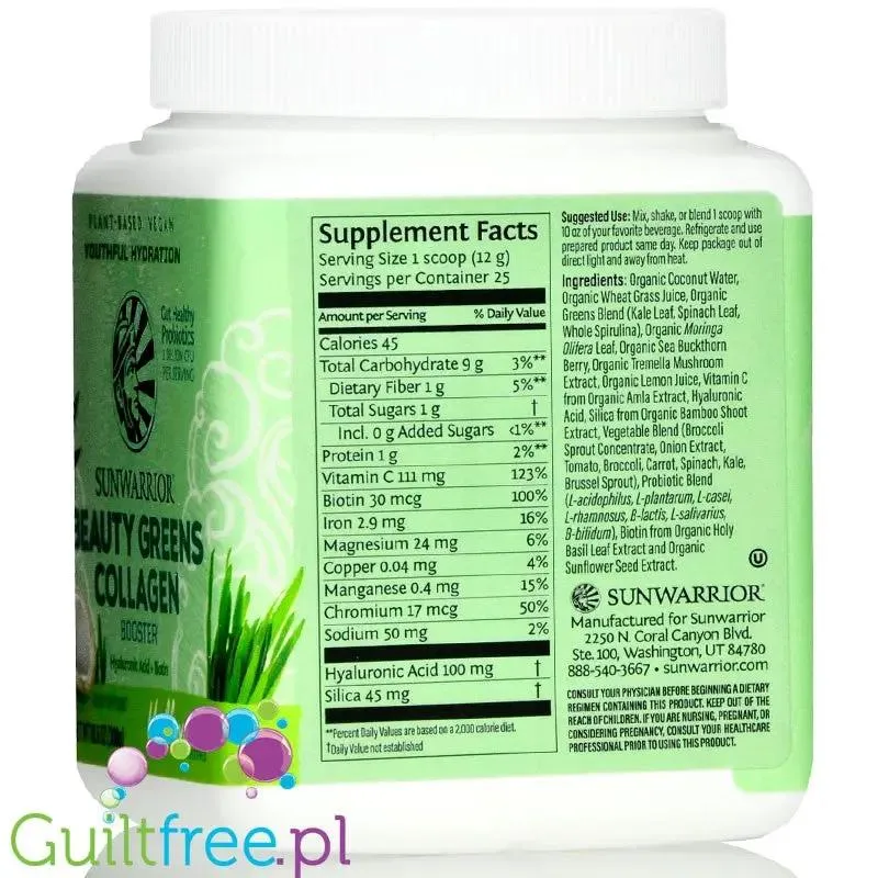 Sunwarrior Beauty Greens Collagen Booster Unflavored - wegańska formuła stymulująca wytwarzanie kolagenu