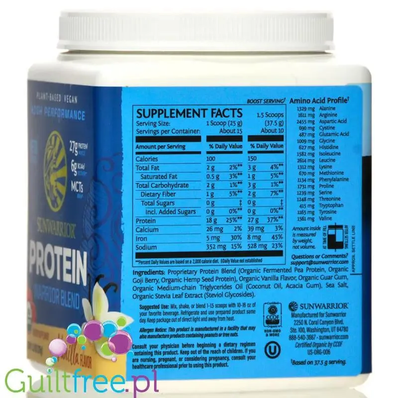 Sunwarrior Protein Warrior Blend, Vanilla 0,375kg - wegańska organiczna odżywka białkowa z goji i MCT