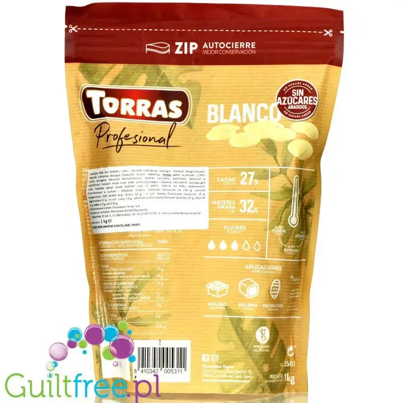 Torras Profesional Blanco Drops 1KG - kropelki białej czekolady bez dodatku cukru