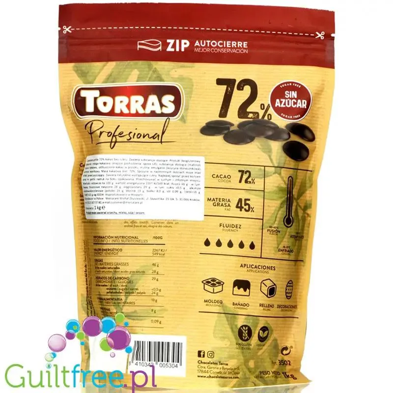 Torras Profesional Choco Drops 1KG - kropelki wegańskiej gorzkiej czekolady 72% bez dodatku cukru