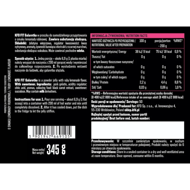 KFD Dietetyczna Galaretka Lemoniada Rubinowa, 50 porcji x 18kcal