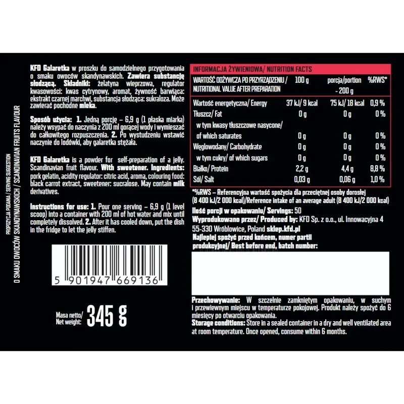 KFD Dietetyczna Galaretka Owoce Skandynawskie, 50 porcji x 18kcal