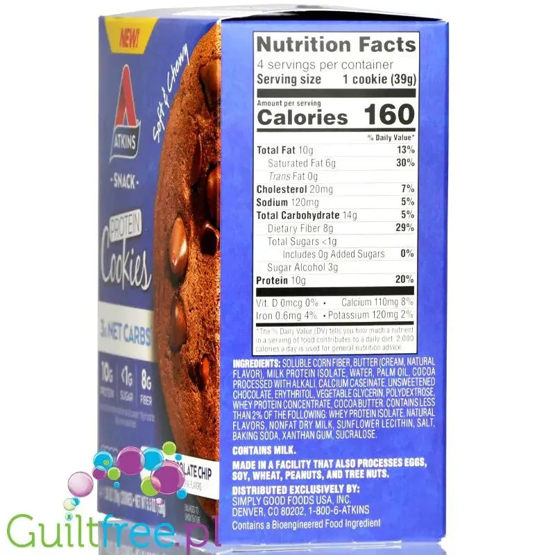 Atkins Snack Protein Cookie, Double Chocolate Chip - czekoladowe keto ciastka proteinowe, pudełko x 4szt