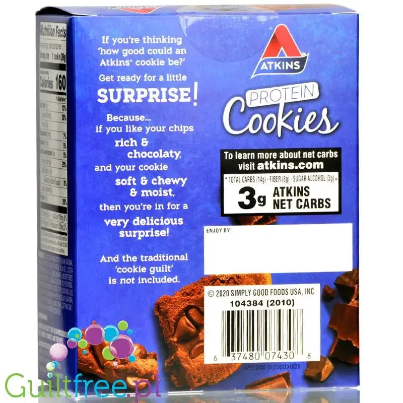 Atkins Snack Protein Cookie, Double Chocolate Chip - czekoladowe keto ciastka proteinowe, pudełko x 4szt