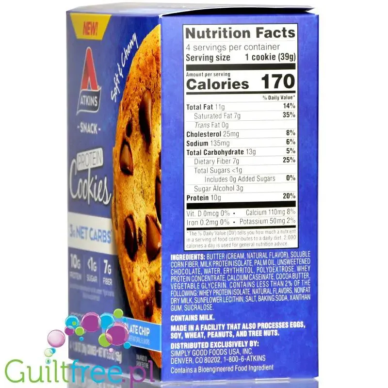 Atkins Snack Protein Cookie, Chocolate Chip - keto ciastka proteinowe z czekoladą, pudełko x 4szt