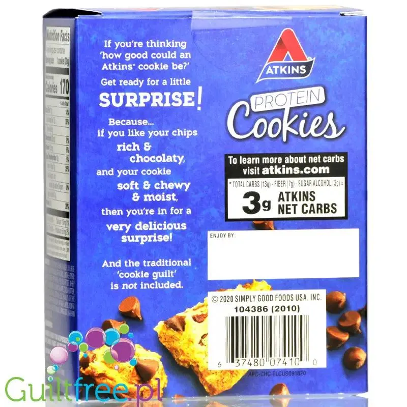 Atkins Snack Protein Cookie, Chocolate Chip - keto ciastka proteinowe z czekoladą, pudełko x 4szt