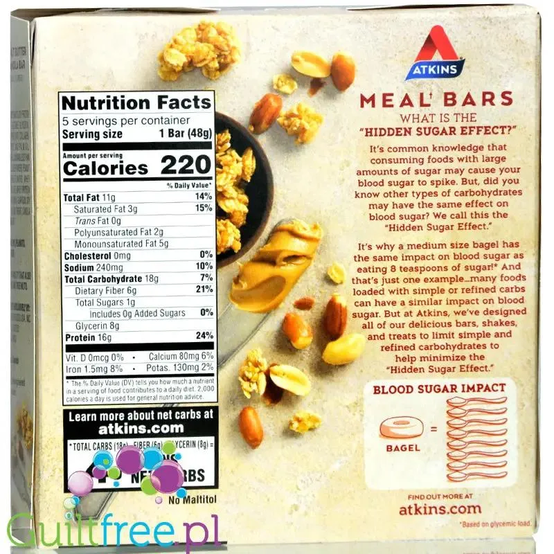 Atkins Meal Peanut Butter Granola baton białkowy bez maltitolu, pudełko x 5 batonów
