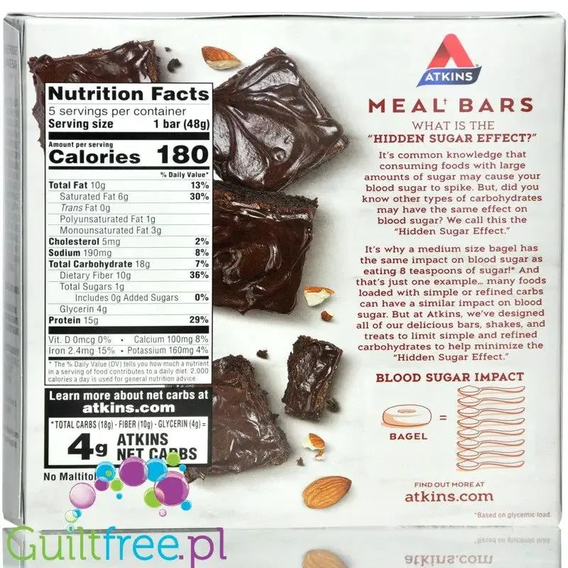 Atkins Meal Double Fudge Brownie - niskocukrowy baton 1g cukru, pudełko x 5 batonów
