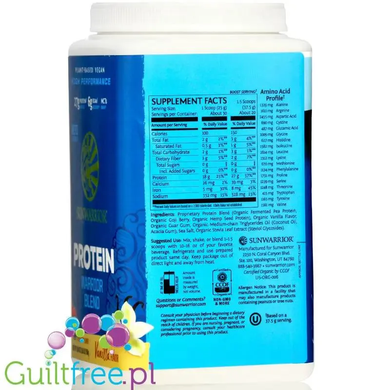 Sunwarrior Protein Warrior Blend, Vanilla 0,75kg - wegańska organiczna odżywka białkowa z goji i MCT